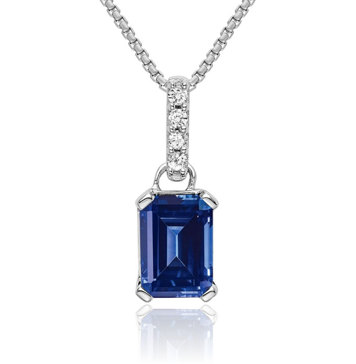 14K Solid White Gold Lab Blue Sapphire Diamond Necklace Gemstone Pendant Charm April September Birthstone Jewelry