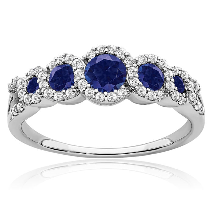 14K Solid White Gold Lab Blue Sapphire Diamond Ring September Birthstone Jewelry