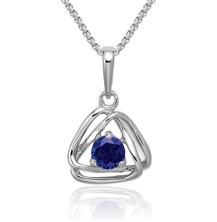 14K Solid White Gold Lab Blue Sapphire Triangle Geometric Necklace Charm Gemstone Pendant September Birthstone Jewelry