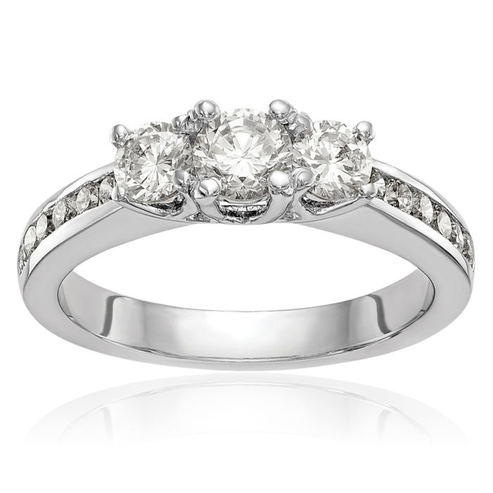 14K Solid White Gold Lab Diamond 3 Stone Engagement Ring