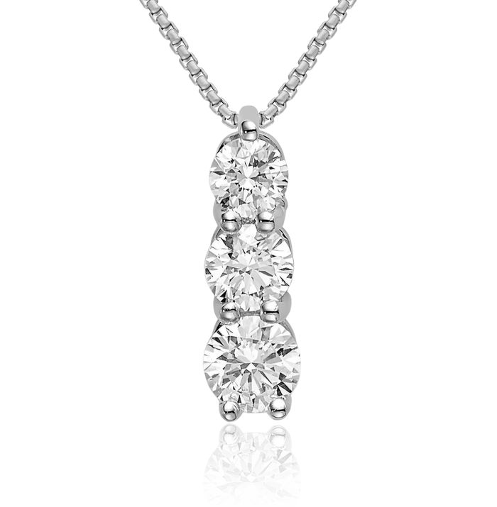 14K Solid White Gold Lab Diamond 3 Stone Necklace Chain Pendant Charm