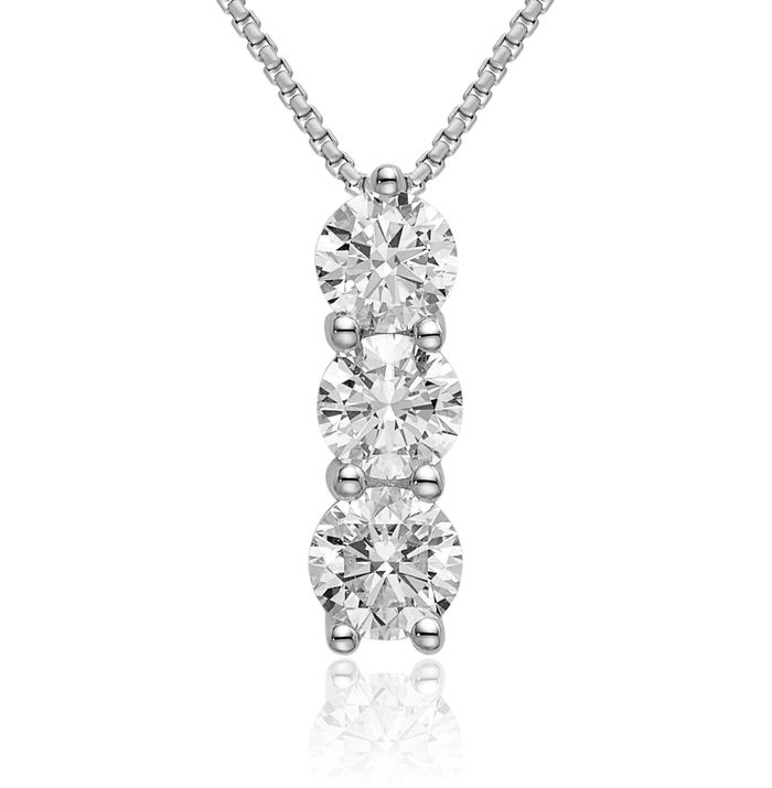 14K Solid White Gold Lab Diamond 3 Stone Necklace Chain Pendant Charm