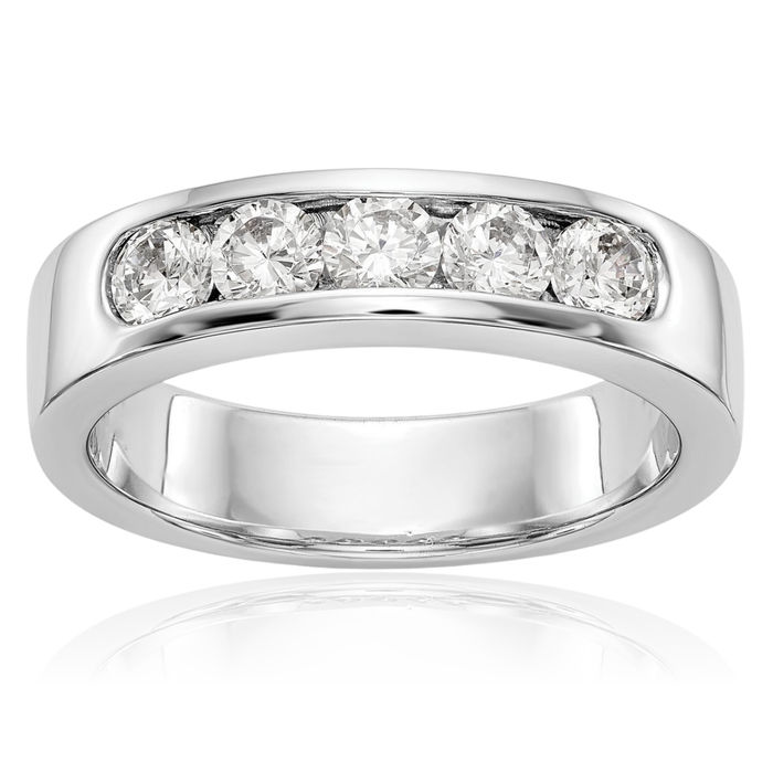 14K Solid White Gold Mens Lab Diamond 5 Stone Channel Wedding Band Ring