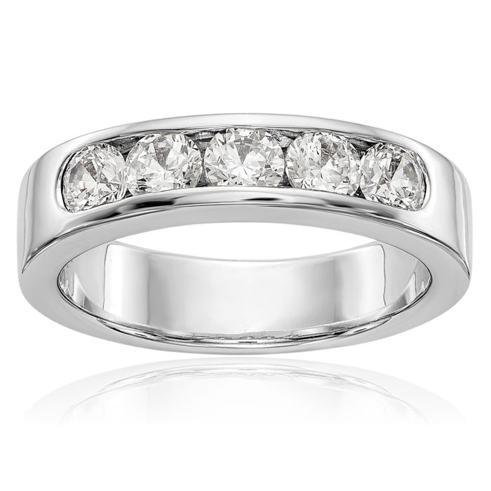 14K Solid White Gold Mens Lab Diamond 5 Stone Channel Wedding Band Ring