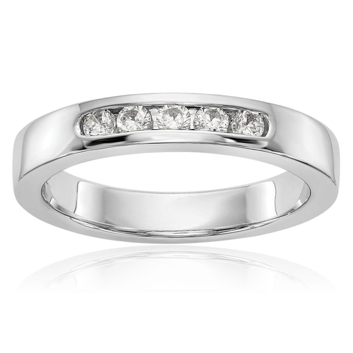 14K Solid White Gold Mens Lab Diamond 5 Stone Channel Wedding Band Ring