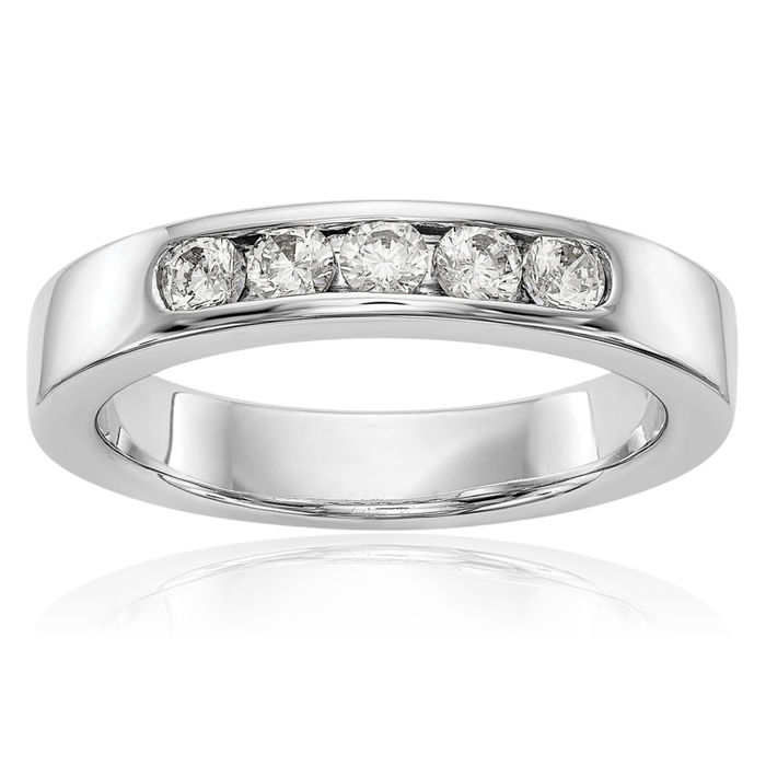 14K Solid White Gold Mens Lab Diamond 5 Stone Channel Wedding Band Ring