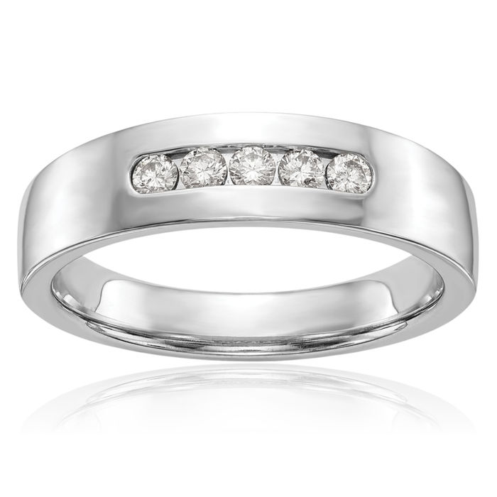 14K Solid White Gold Lab Diamond 5 Stone Mens Channel Wedding Band Ring