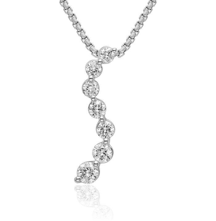 14K Solid White Gold Lab Diamond 7 Stone Journey Necklace Chain Pendant Charm