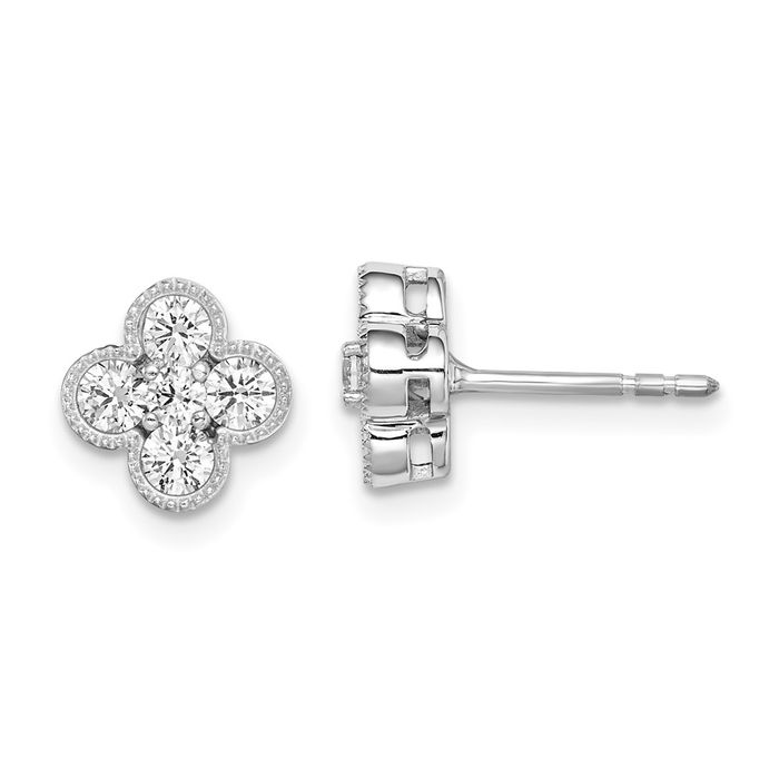 14K Solid White Gold Lab Diamond Bloom Flower Stud Earrings