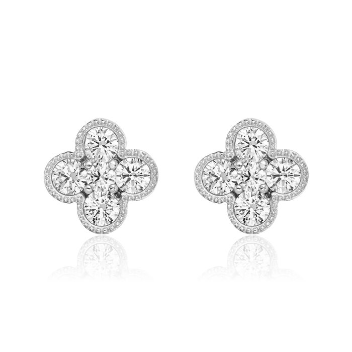 14K Solid White Gold Lab Diamond Bloom Flower Stud Earrings