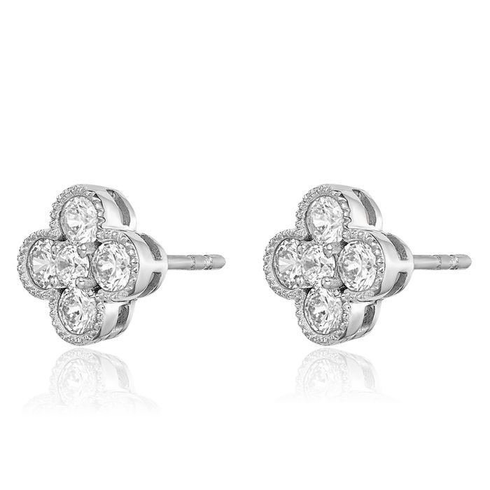 14K Solid White Gold Lab Diamond Bloom Flower Stud Earrings