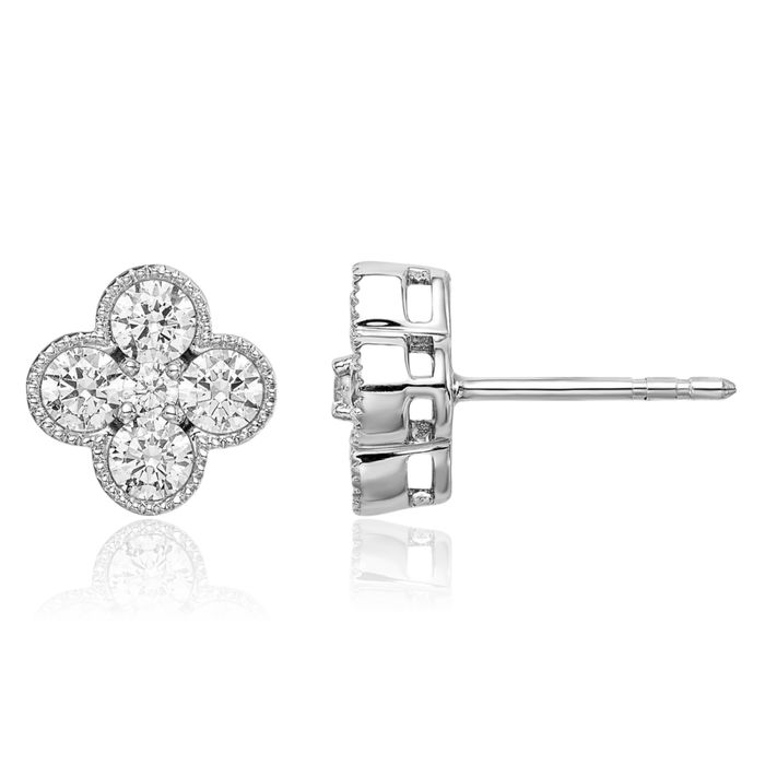 14K Solid White Gold Lab Diamond Bloom Flower Stud Earrings