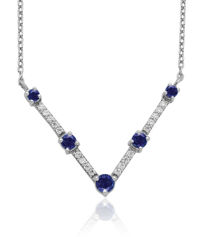 14K Solid White Gold Lab Diamond Blue Sapphire Chain Bar Necklace