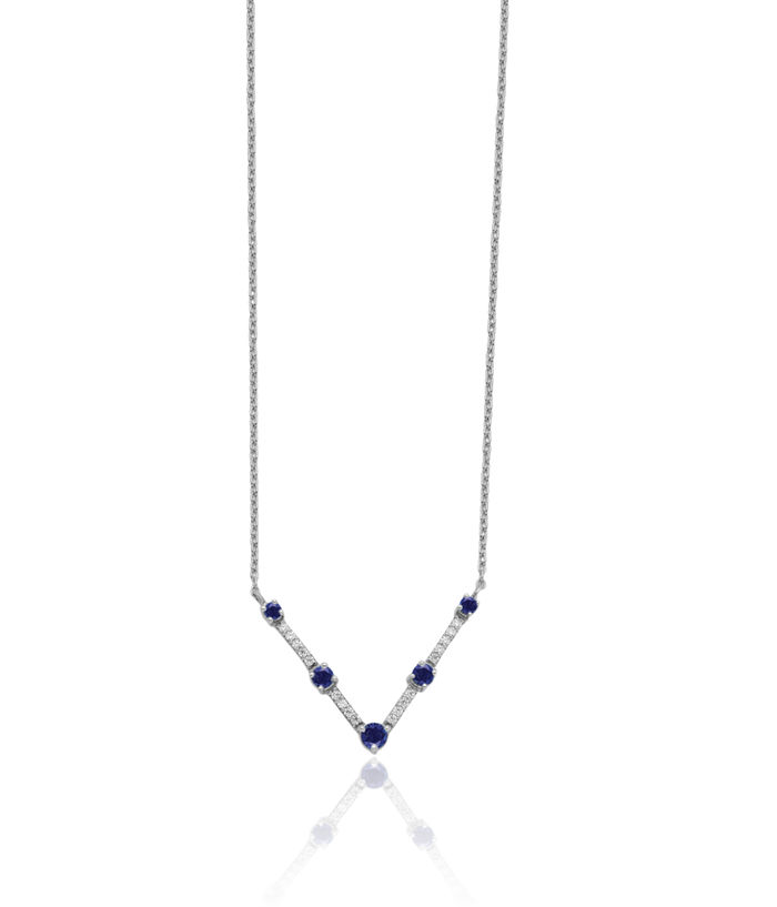 14K Solid White Gold Lab Diamond Blue Sapphire Chain Bar Necklace