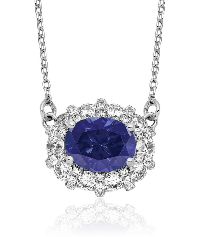 14K Solid White Gold Lab Diamond Blue Sapphire Chain Necklace Gemstone Pendant Charm