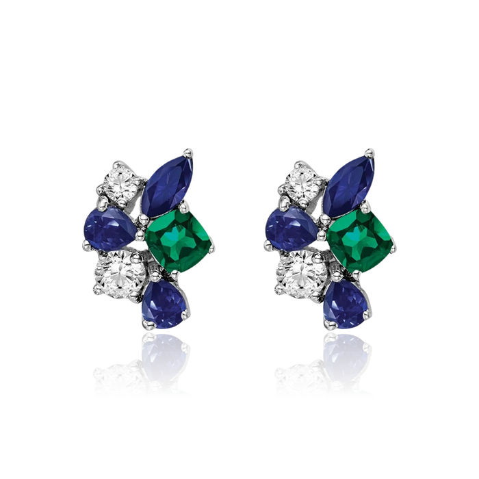 14K Solid White Gold Lab Diamond Blue Sapphire Green Emerald Studs Gemstone Earrings