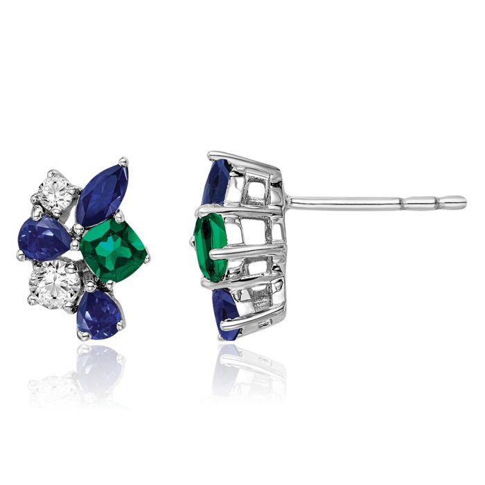 14K Solid White Gold Lab Diamond Blue Sapphire Green Emerald Studs Gemstone Earrings