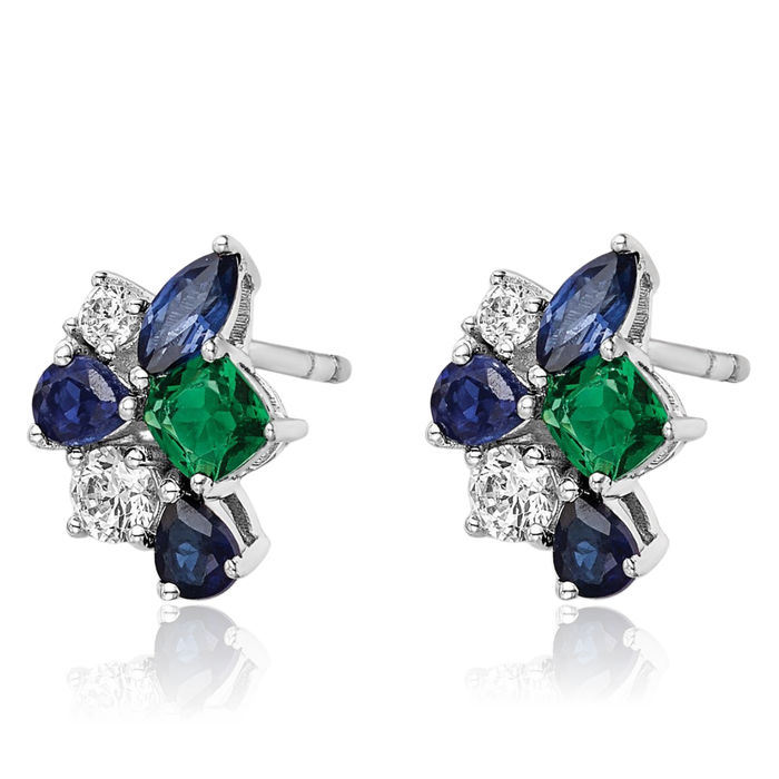 14K Solid White Gold Lab Diamond Blue Sapphire Green Emerald Studs Gemstone Earrings