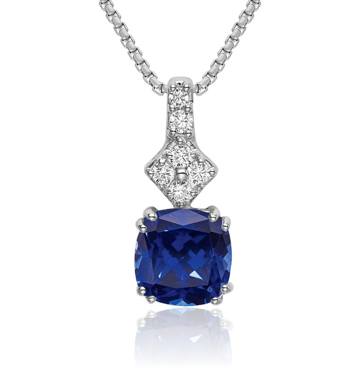 14K Solid White Gold Lab Diamond Blue Sapphire Necklace Gemstone Pendant Charm September Birthstone Jewelry