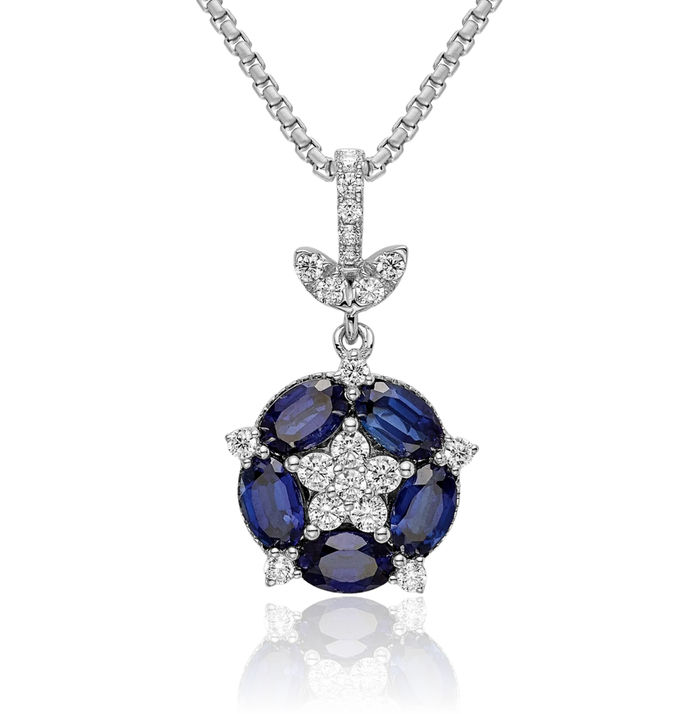 14K Solid White Gold Lab Diamond Blue Sapphire Necklace Gemstone Pendant Charm