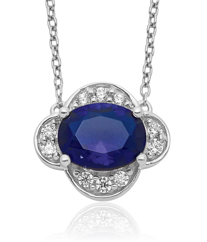 14K Solid White Gold Lab Diamond Blue Sapphire Necklace