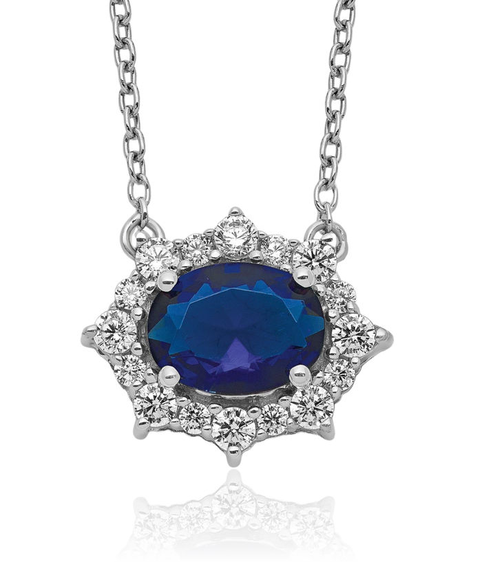 14K Solid White Gold Lab Diamond Blue Sapphire Necklace