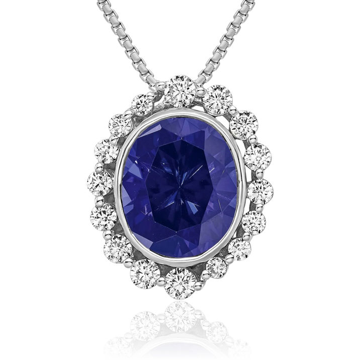 14K Solid White Gold Lab Diamond Blue Sapphire Oval Necklace Gemstone Pendant Charm