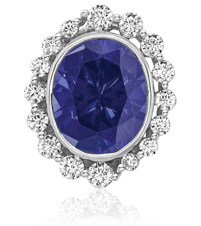 14K Solid White Gold Lab Diamond Blue Sapphire Oval Necklace Gemstone Pendant Charm