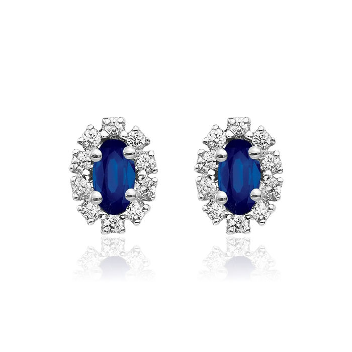 14K Solid White Gold Lab Diamond Blue Sapphire Oval Studs Gemstone Earrings