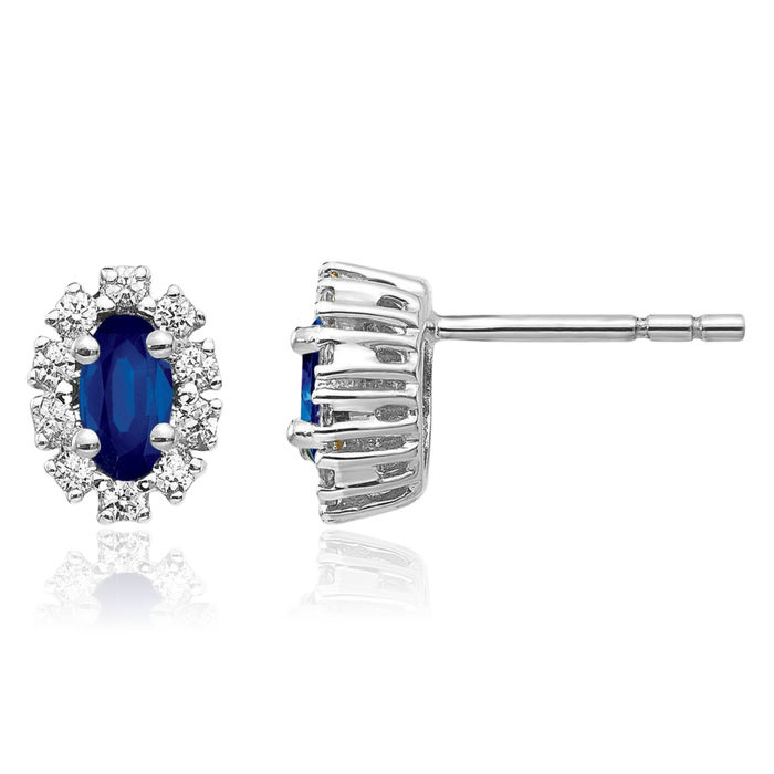 14K Solid White Gold Lab Diamond Blue Sapphire Oval Studs Gemstone Earrings