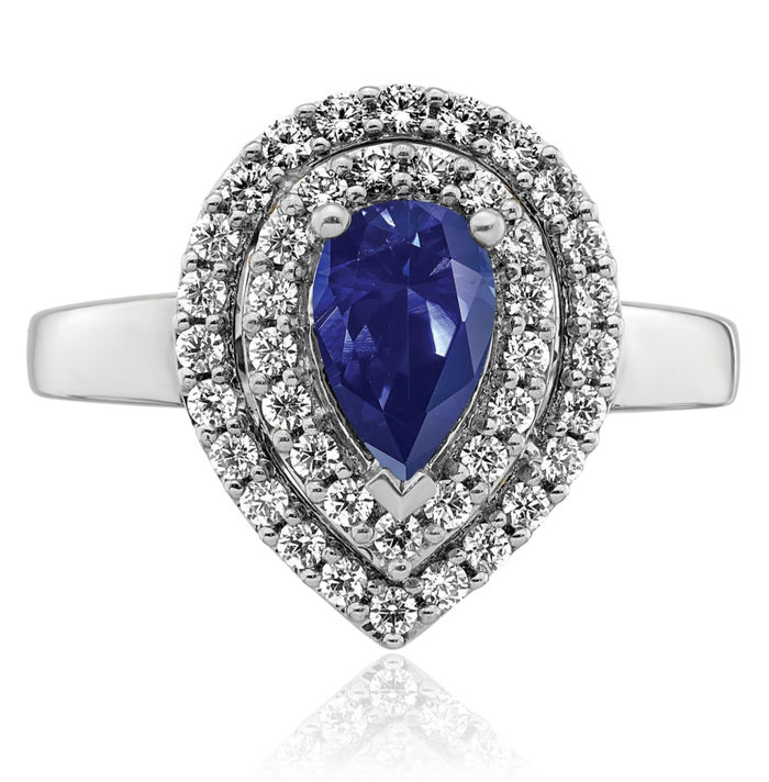 14K Solid White Gold Lab Diamond Blue Sapphire Ring September Birthstone Jewelry