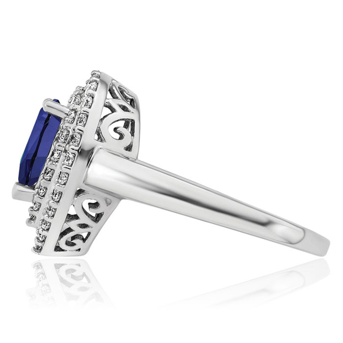 14K Solid White Gold Lab Diamond Blue Sapphire Ring September Birthstone Jewelry
