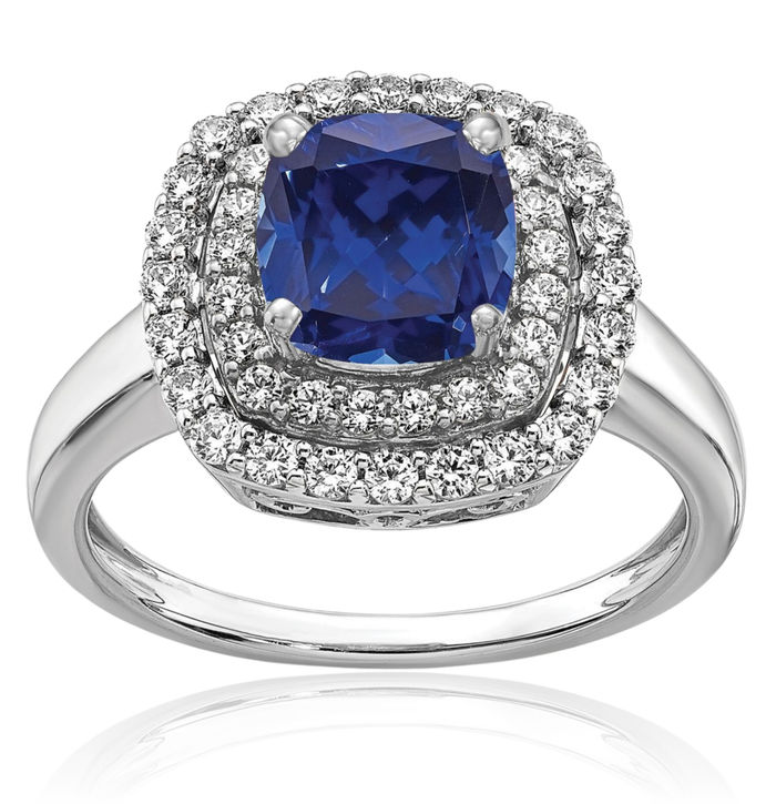 14K Solid White Gold Lab Diamond Blue Sapphire Ring September Birthstone Jewelry