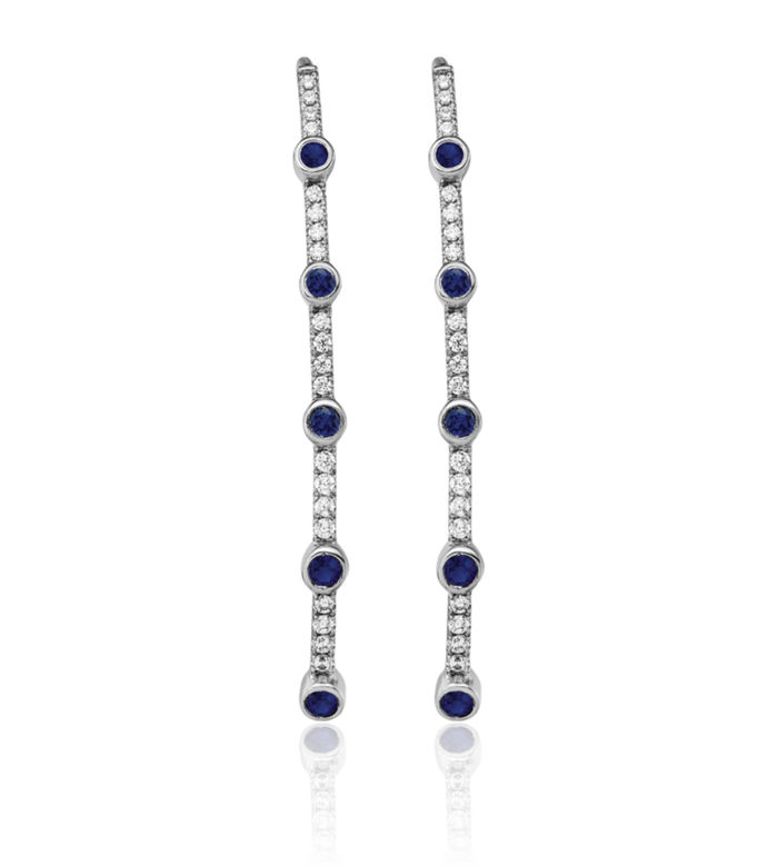 14K Solid White Gold Lab Diamond Blue Sapphire Threader Drop Dangle Earrings Gemstone September Birthstone Jewelry