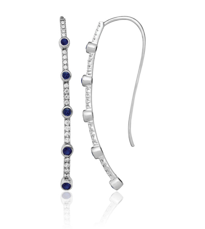 14K Solid White Gold Lab Diamond Blue Sapphire Threader Drop Dangle Earrings Gemstone September Birthstone Jewelry