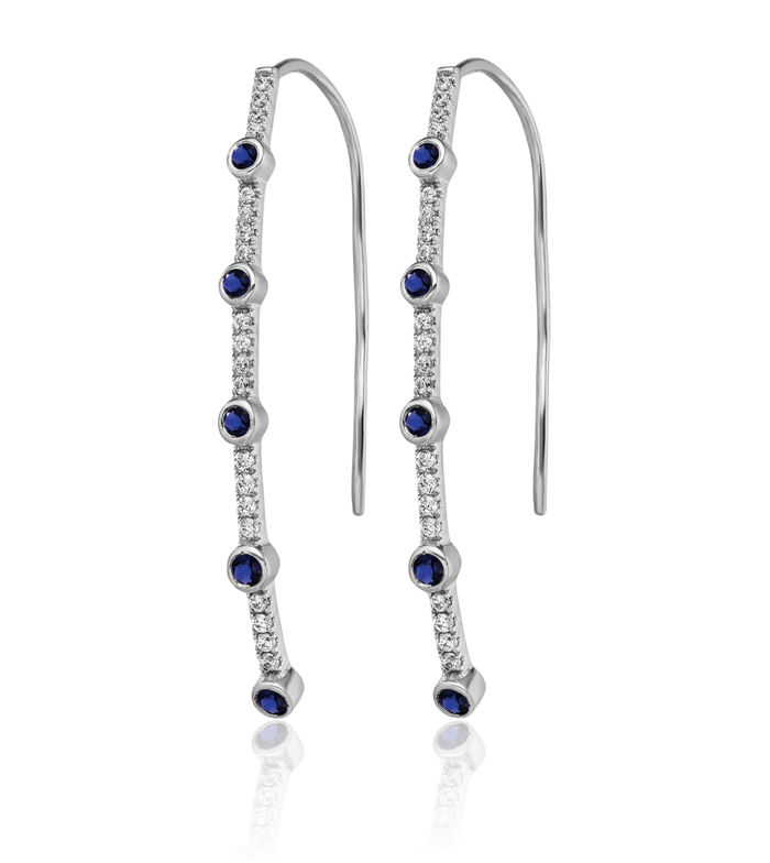 14K Solid White Gold Lab Diamond Blue Sapphire Threader Drop Dangle Earrings Gemstone September Birthstone Jewelry