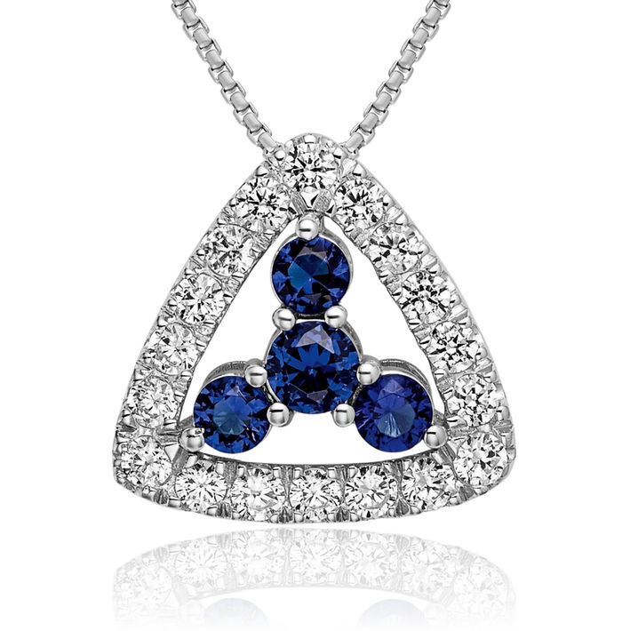 14K Solid White Gold Lab Diamond Blue Sapphire Triangle Pe Necklace Gemstone Pendant Charm