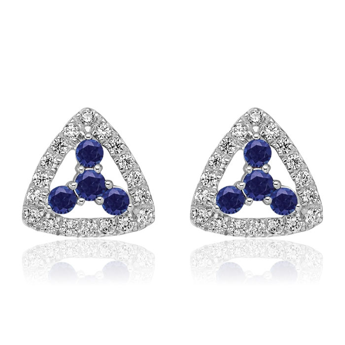 14K Solid White Gold Lab Diamond Blue Sapphire Triangle Studs Gemstone Earrings September Birthstone Jewelry