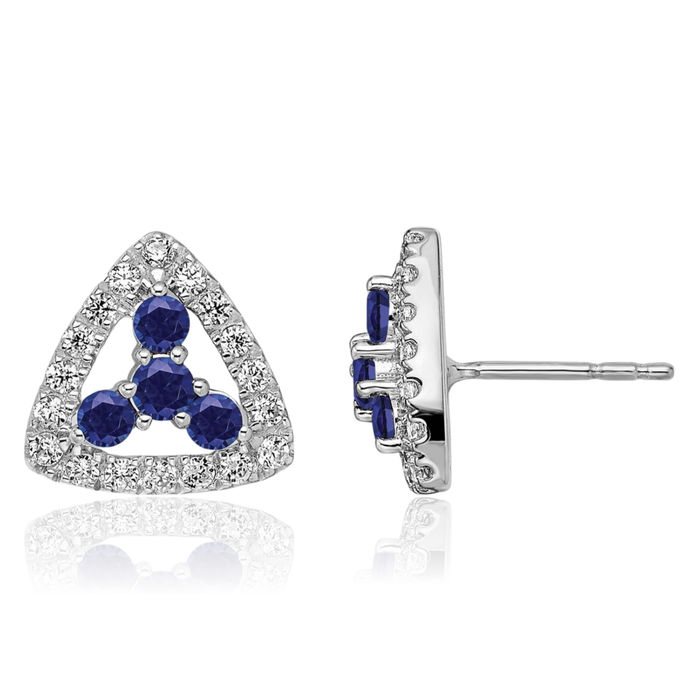 14K Solid White Gold Lab Diamond Blue Sapphire Triangle Studs Gemstone Earrings September Birthstone Jewelry