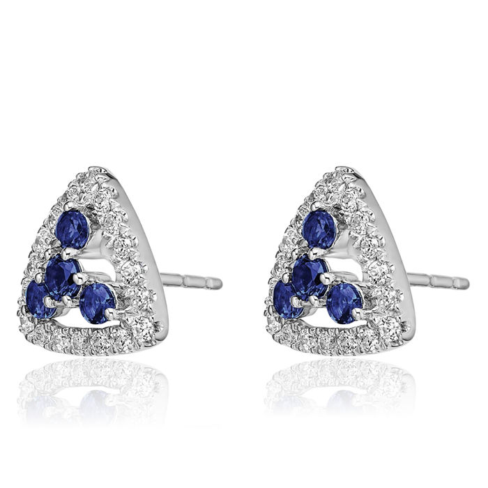 14K Solid White Gold Lab Diamond Blue Sapphire Triangle Studs Gemstone Earrings September Birthstone Jewelry