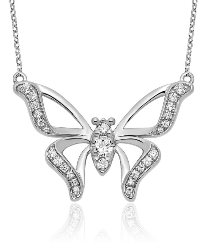 14K Solid White Gold Lab Diamond Butterfly Wings Chain Necklace