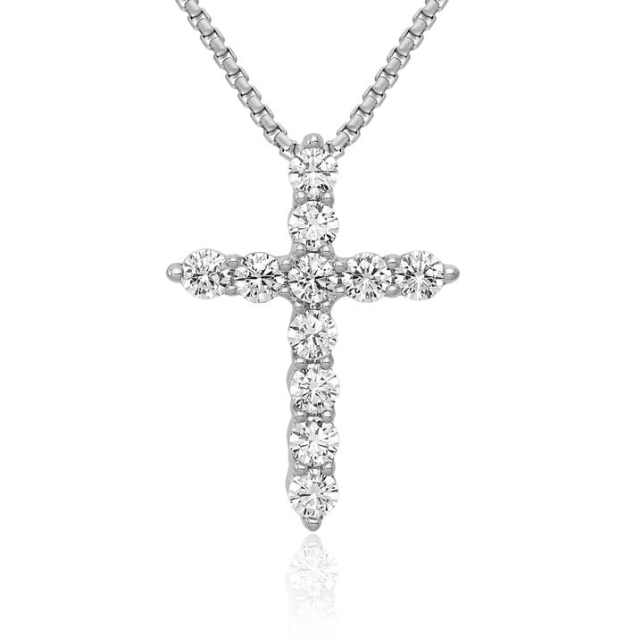 14K Solid White Gold Diamond Latin Mexican Holy Cross Floating Chain Slide Pendant Necklace Religious Jesus Christ Charm