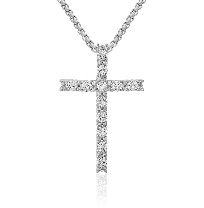 14K Solid White Gold Lab Diamond Latin Mexican Holy Cross Necklace Religious Chain Pendant Jesus Christ Christian Charm