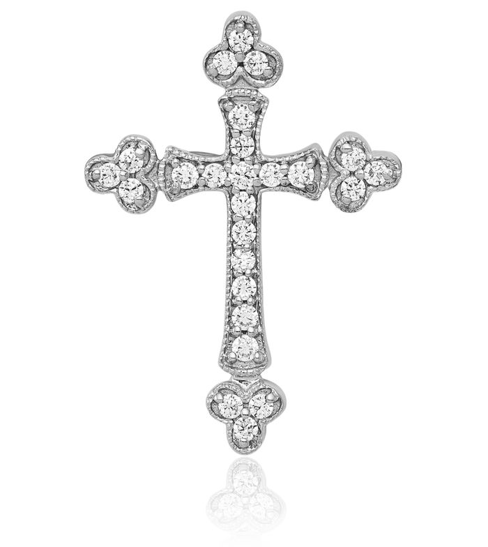 14K Solid White Gold Diamond Budded Holy Cross Floating Chain Slide Pendant Necklace Religious Jesus Christ Christian Charm