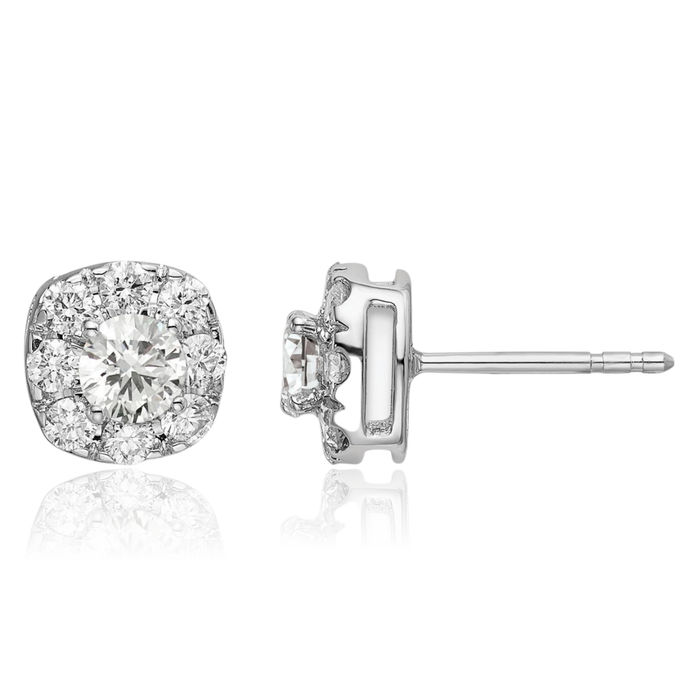 14K Solid White Gold Lab Diamond Cushion-Cut Halo Round Stud Earrings