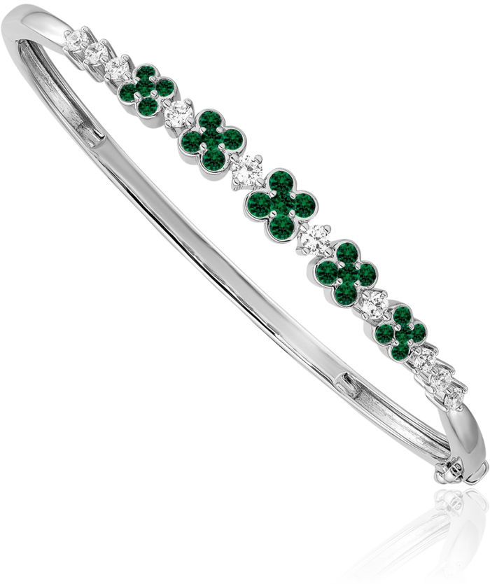 14K Solid White Gold Lab Diamond Green Emerald Gemstone Bangle Bracelet