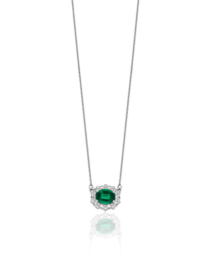 14K Solid White Gold Lab Diamond Green Emerald Chain Necklace Gemstone Pendant Charm