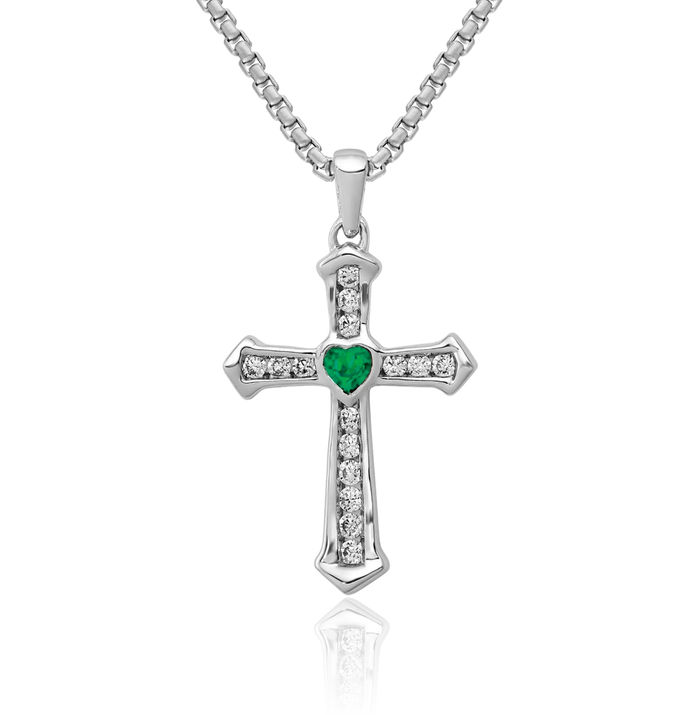 14K Solid White Gold Lab Diamond Green Emerald Holy Cross Necklace Religious Chain Pendant Jesus Christ Charm