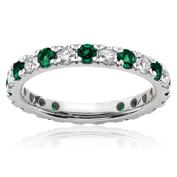 14K Solid White Gold Lab Diamond Green Emerald Eternity Ring May Birthstone Jewelry