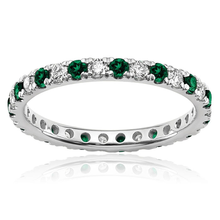 14K Solid White Gold Lab Diamond Green Emerald Eternity Ring May Birthstone Jewelry